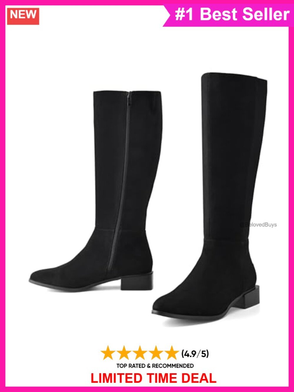 Suede Knee High Boots Chunky Low Heel Pointed Toe Side Zipper - Picture 3 of 6